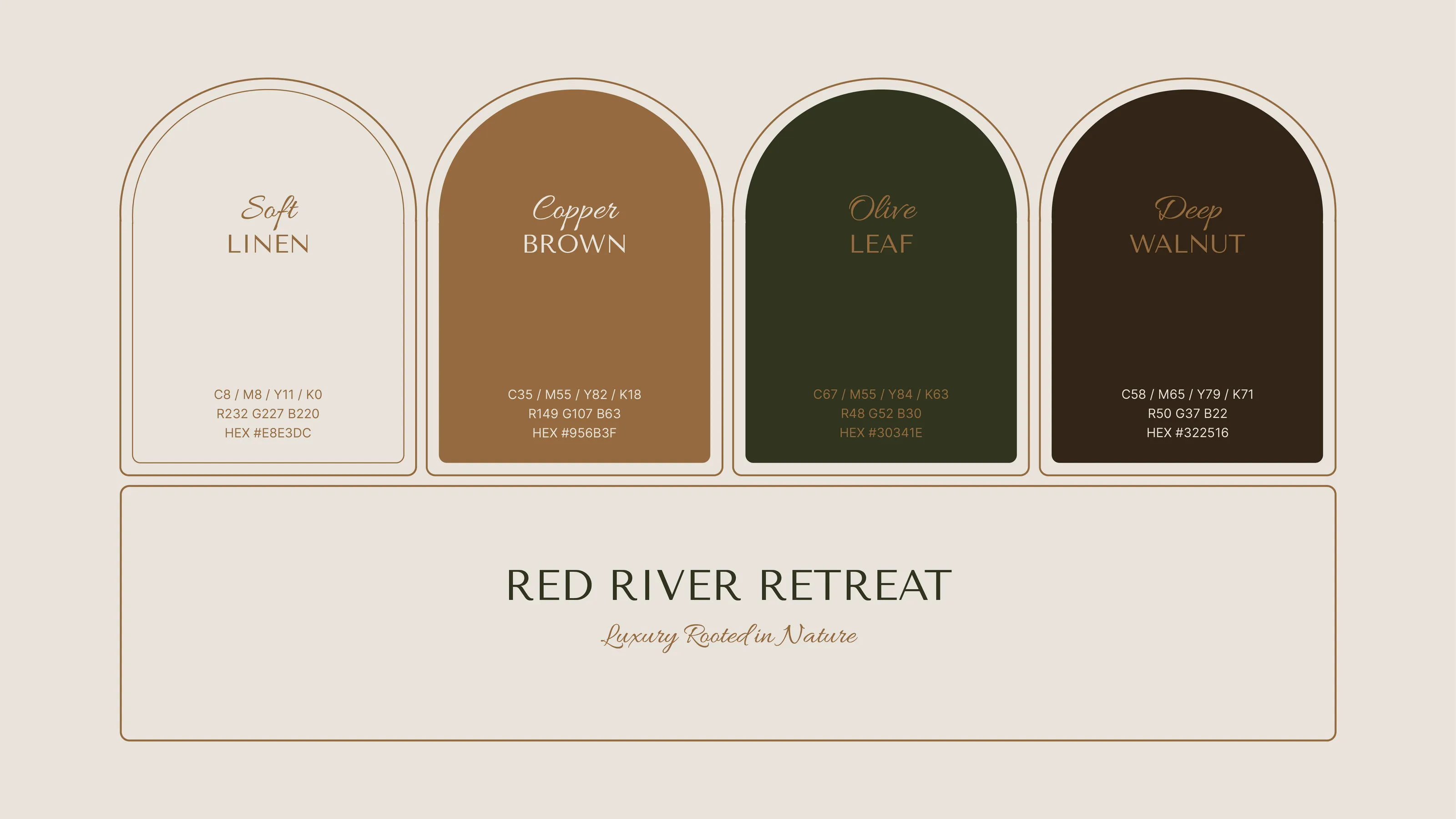 Brand colour palette: soft linen, copper brown, olive leaf and deep walnut
